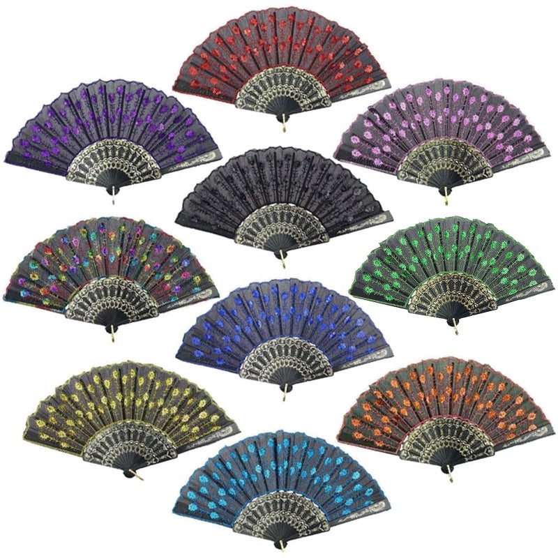 InnoLife Elegant Colorful Embroidered Flower Peacock Pattern Sequin Fabric Folding Handheld Hand Fan Hand-Crafted (Full Set - 10pcs Mixed Colors) - Image 1